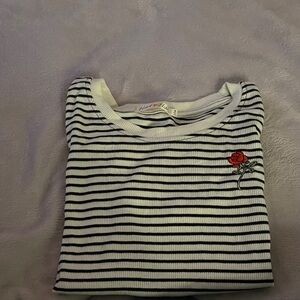 Striped Black and White Crop Top with Rose Embroidery